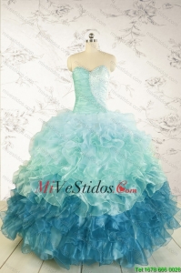 2015 Prefecto Azul Vestidos de quinceañera con Volantes Bordoneado y Volantes