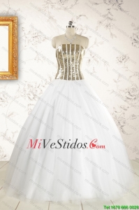 2015 Los vestidos Super Caliente Vestido de tul blanco Lentejuelas de quinceañera