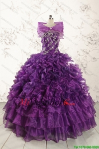 Hermosos Apliques púrpura sin tirantes 2015 Vestidos de quinceañera