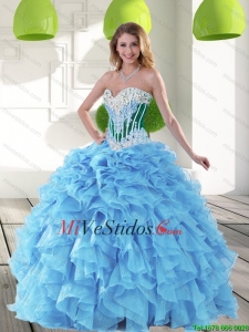 Sofisticados 2015 Sweetheart Aqua Blue Vestidos de quinceañera con Volantes Bordoneado y Volantes