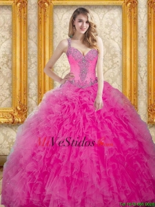 Vestido rosa caliente de moda por quinceañera con rebordear y Volantes