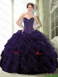 2015 Exclusivo púrpura oscuro vestido dulce 15 con rebordear y Volantes