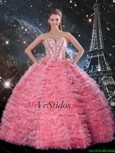 Últimas balón vestido con cuentas Rose Pink Vestidos de quinceañera con Volantes