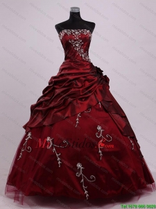 Bola sin tirantes elegante vestido rojo de vino dulce 16 vestidos con apliques