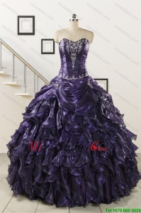Lujosas 2015 balón vestido púrpura Vestidos de quinceañera con apliques