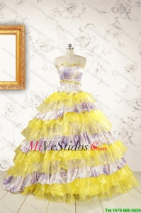2015 Impreso y Volantes multicolor Quinceañera vestidos