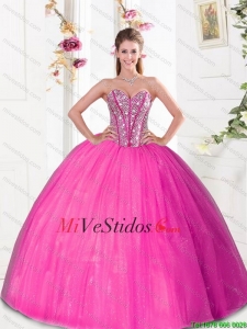 Hermosa rebordear y pick ups 2015 Vestidos de quinceañera en rosa fuerte