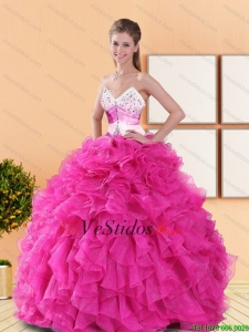 Hermosas rosas fuertes 2015 Vestidos de quinceañera con Volantes Bordoneado y Volantes
