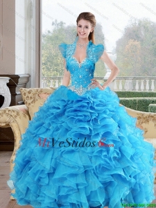 Hermosa rebordear y Ruffles Sweetheart 2015 Vestidos de quinceañera en Azul Claro