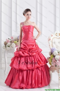 Cheap Coral rojo un hombro rebordear vestido de bola del vestido de quinceañera con pick ups