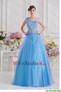 2016 Una línea de un hombro Tul vestido de quinceañera azul con apliques Hecho a mano de la flor