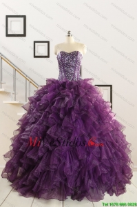 2015 nuevo estilo Purple Vestidos de quinceañera con Volantes Bordoneado y Volantes