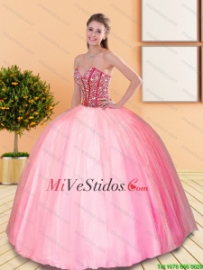 .2015 Notable rebordear vestido de bola del amor Vestidos de quinceañera en Rosa Rosa