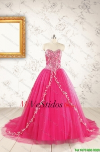 2015 Hermosa rosa caliente Vestidos de quinceañera con rebordear y apliques
