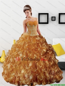Sturning Apliques y Ruffles 2015 vestido de quinceañera en Oro
