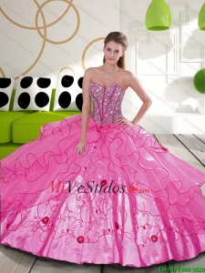 Lujoso y rebordear bordado rosado brillante Vestidos de quinceañera para 2015