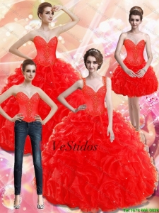 Nuevos del estilo Apliques y Volantes Rojo Dulce vestido 15 de 2015
