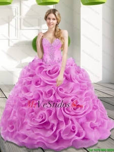 2015 Elegante rebordear y Rolling Flores lila dulce 15 vestidos