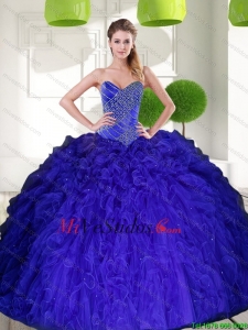 Magnífico pavo real azul cariño rebordear vestido de bola del vestido de quinceañera con Volantes