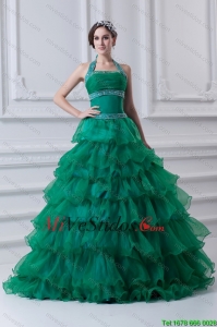 Primavera 2015 una línea de Hater Top rebordear y apliques verde vestido de quinceañera