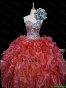 Nuevo estilo de bola del vestido del dulce 16 vestidos con lentejuelas y Ruffles en herrumbre Rojo