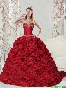 Novia de lujo 2015 vestido de quinceañera rojo con bordado y Pick Ups