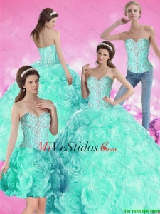 2015 romántico vestido de bola moldeados Vestidos de quinceañera con los Rolling Flores