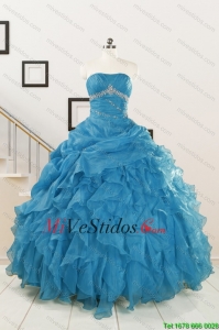 2015 Elegante sin tirantes azul Vestidos de quinceañera con Volantes Bordoneado