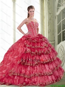 2015 Vestido Rojo Coral Clásica de quinceañera con pick ups y capas rizadas