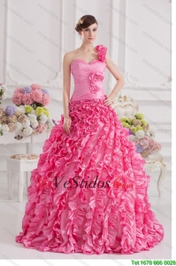 Hot Pink vestido de bola de un hombro tafetán Hecho a mano las flores y las colmenas de Quinceañera Vestido
