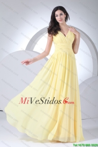 Imperio V cuello piso longitud acanalada gasa amarillo Dama vestido
