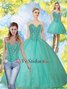 2015 rebordear moda y Apliques turquesa Sweetheart Quinceañera vestidos