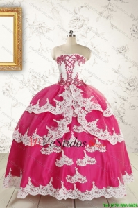 2015 barato Rosa Caliente Vestidos de quinceañera con apliques