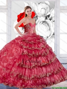 2015 Apliques exclusivas y volantes vestido de quinceañera en Coral Rojo