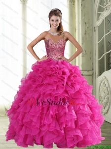 Hermoso Cariño Hot Pink 2015 Vestidos de quinceañera con Volantes Bordoneado y Volantes