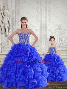 Moda del azul real Macthing hermana vestidos con rebordear y Volantes de 2015