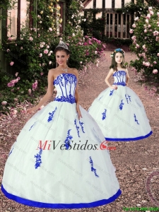 Nuevo estilo Apliques Macthing vestido de la hermana de Blanco y azul real para 2015