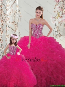 Clásica balón vestido con cuentas y Ruffles Princesita Macthing vestido de la hermana en rosa fuerte