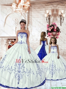 2015 de lujo blanca Macthing vestido hermana con bordado azul
