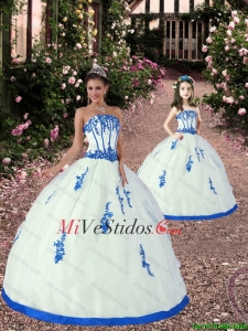 Blanco 2015 del vendedor superior y azul Macthing hermana vestido con apliques
