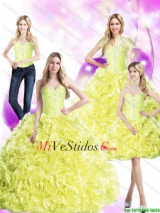 Asequibles 2015 Yellow Vestidos de quinceañera con los Rolling Flores y rebordear