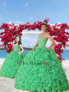 Nueva Primavera Llegada Verde Macthing vestido de la hermana con listones y Volantes de 2015 Primavera