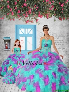 2015 nuevo estilo multicolor Macthing vestido hermana con apliques y Volantes