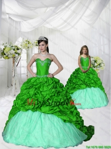 Trendy Apliques cepillo tren vestido de Verde De La Primavera Macthing Hermana de 2015 Primavera