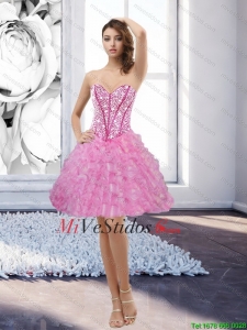 Barato Rosa del amor rosado 2015 Vestido de Dama con listones y Volantes