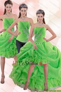 Exclusivo tirantes Primavera Dama vestido verde con apliques y Volantes