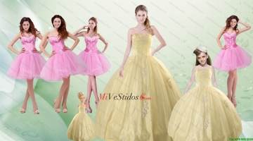 2015 Hermoso Cariño Champagne vestido de quinceañera y rosa Dama Vestidos y correas balón vestido pequeño vestido de niña