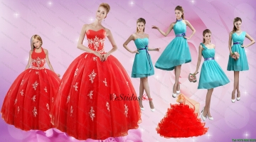 2015 Apliques elegante vestido de quinceañera Rojo y turquesa cortos Dama Vestidos y Atado al cuello del vestido de bola pequeño vestido de niña