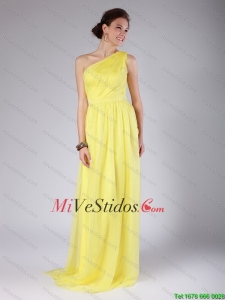 elegante un hombro Fajas amarillas Dama Vestidos con tren de barrido para el 2016
