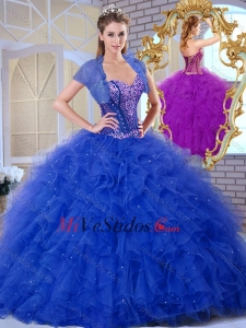 2016 Hermosa Novia Azul Vestidos de quinceañera con Volantes y Apliques